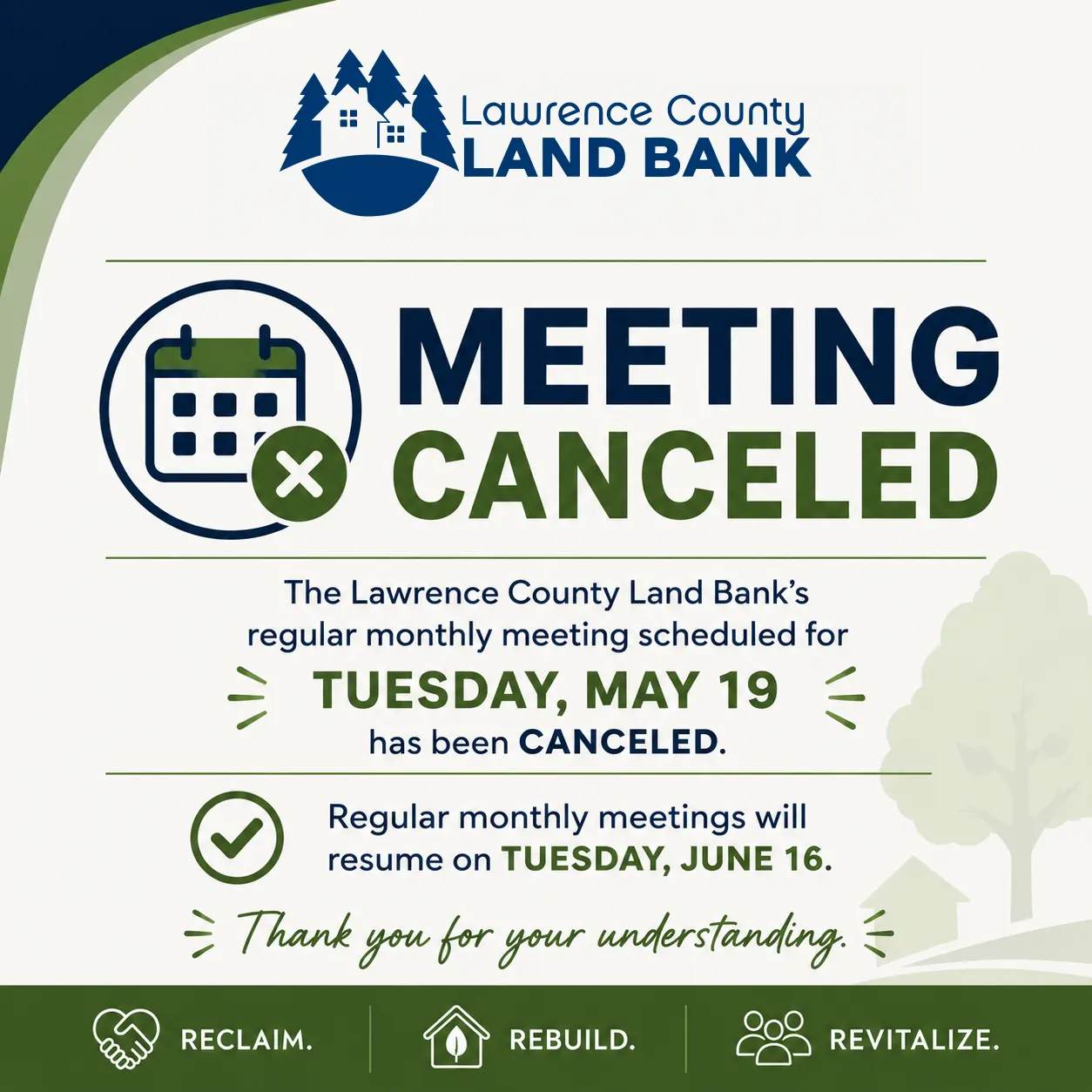 Graphic stating that May 19th's meeting is canceled.